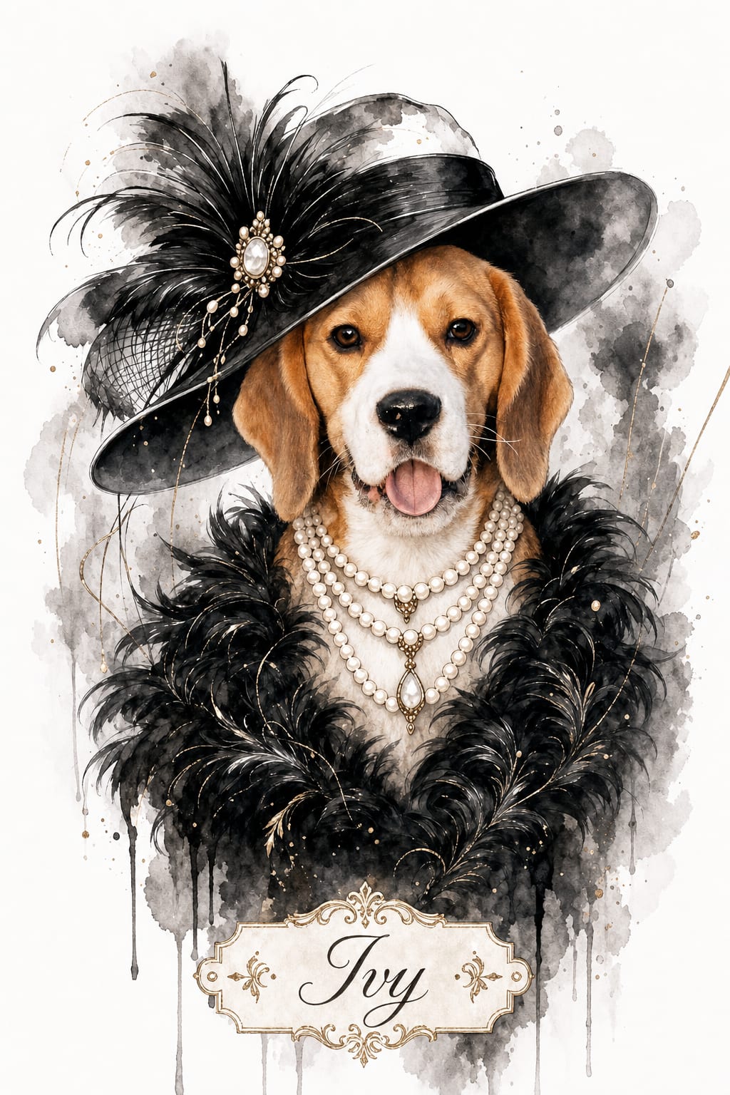 Watercolor socialite pet portrait with a feather boa and gold ink accents on a white background