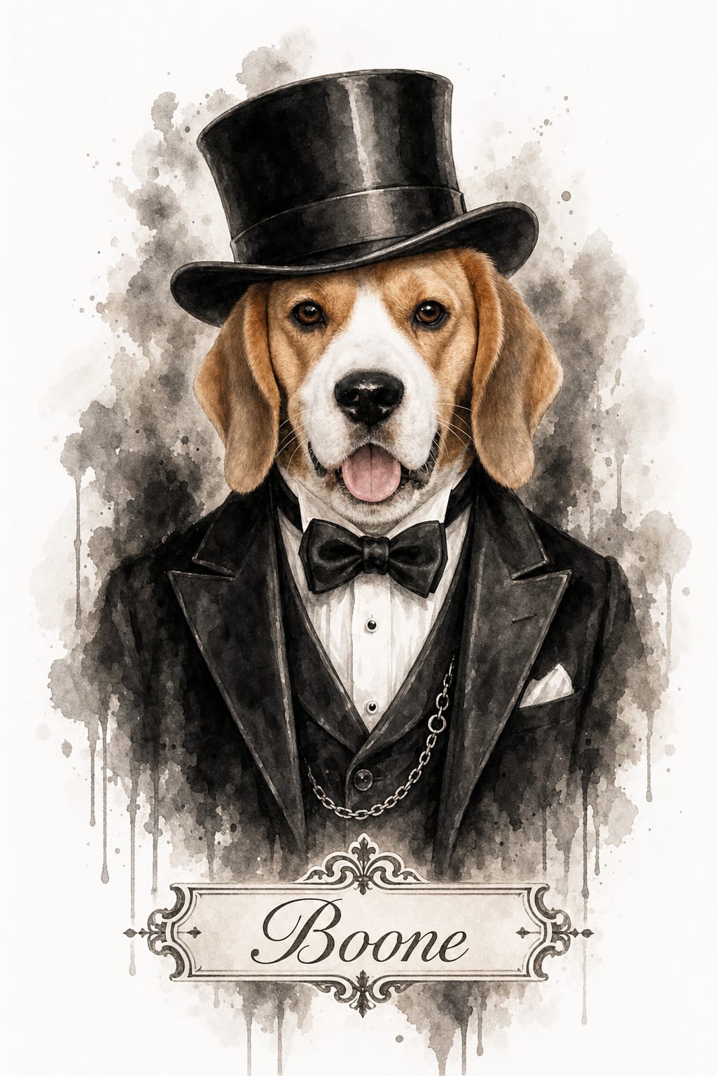 Watercolor gentleman pet portrait with sepia and black ink drips on a white background