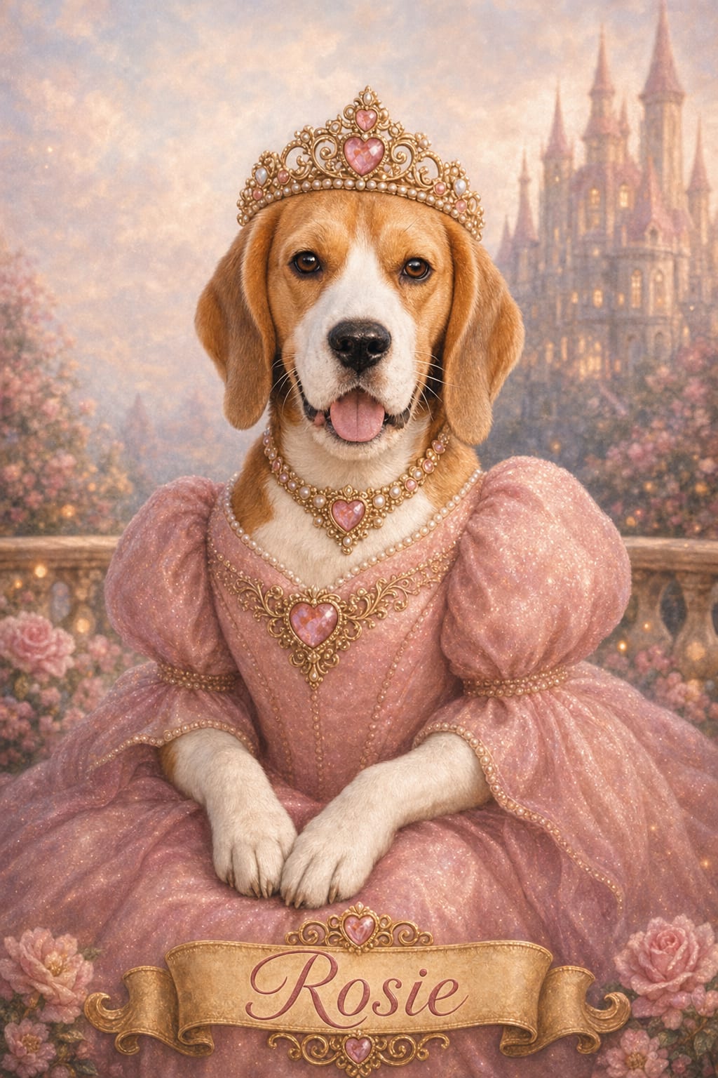 Pet wearing a pink-gem tiara against a fairytale castle backdrop