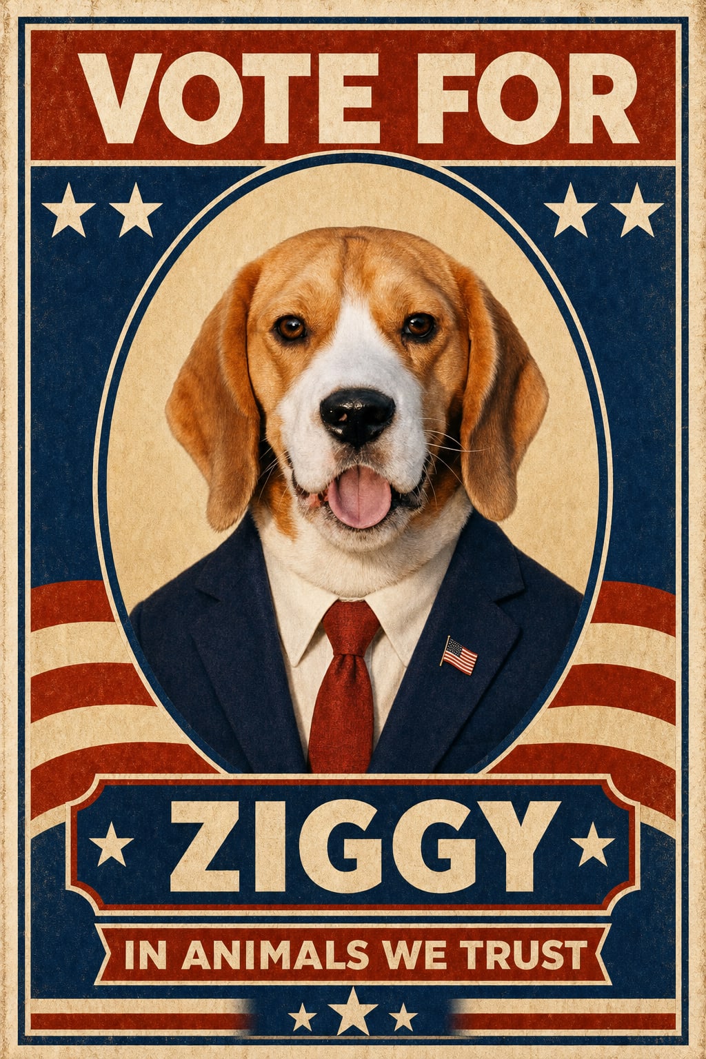 Vintage vote-for pet campaign poster with stars, stripes, and an IN ANIMALS WE TRUST banner