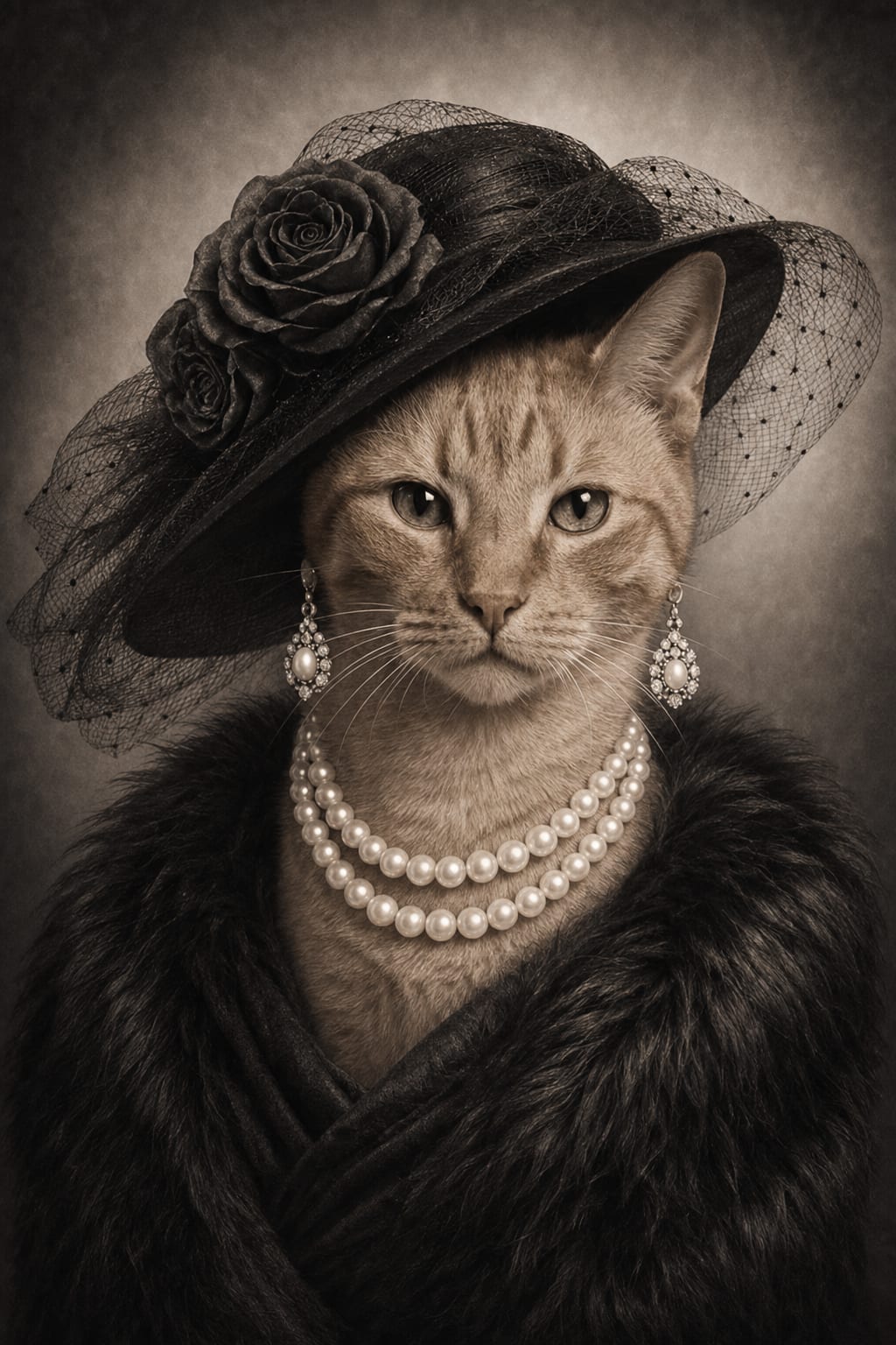 Elegant pet portrait of a cat in a veiled wide-brimmed hat, pearls, and a fur stole in sepia tones