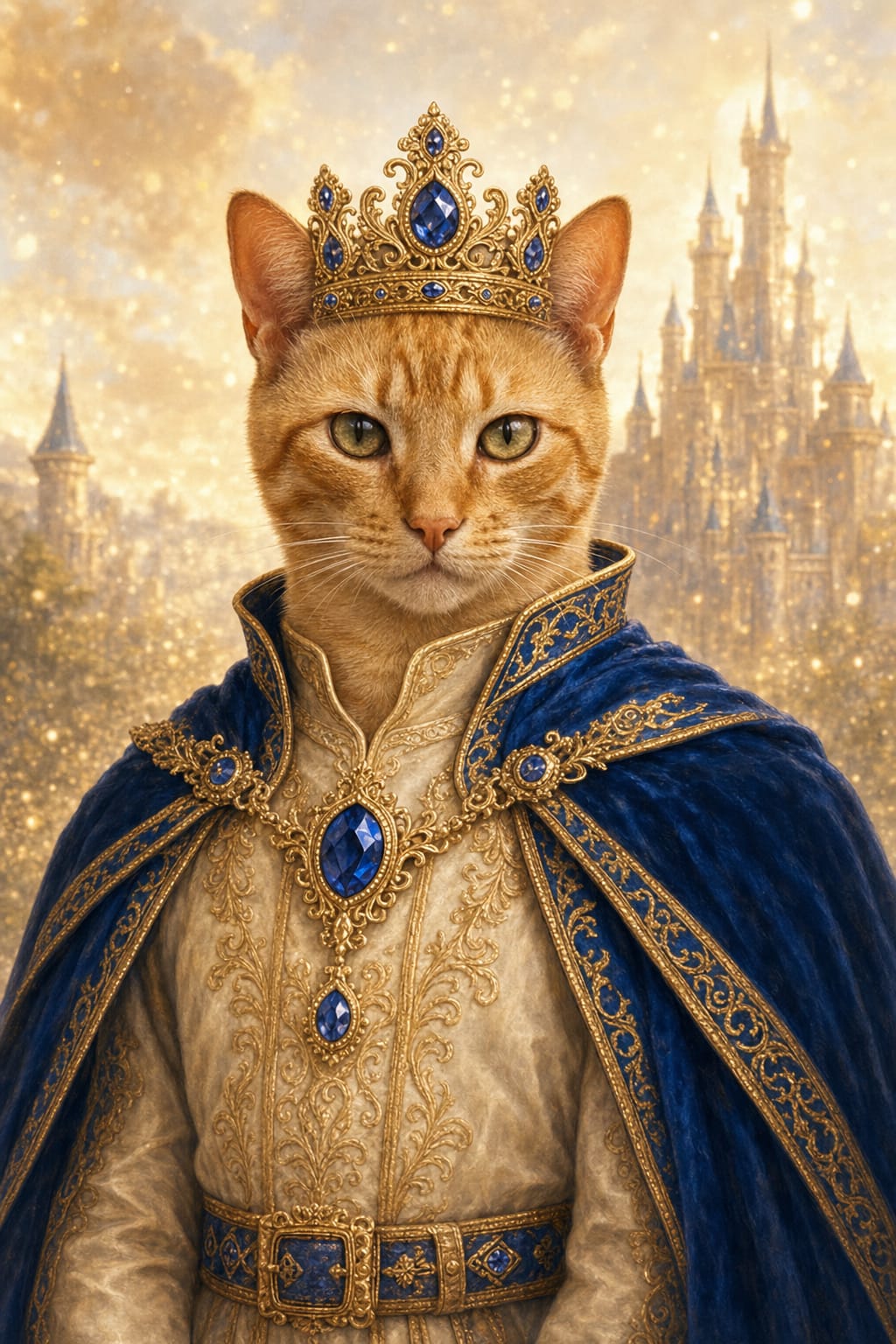 Pet wearing a sapphire crown and royal tunic against a golden castle backdrop