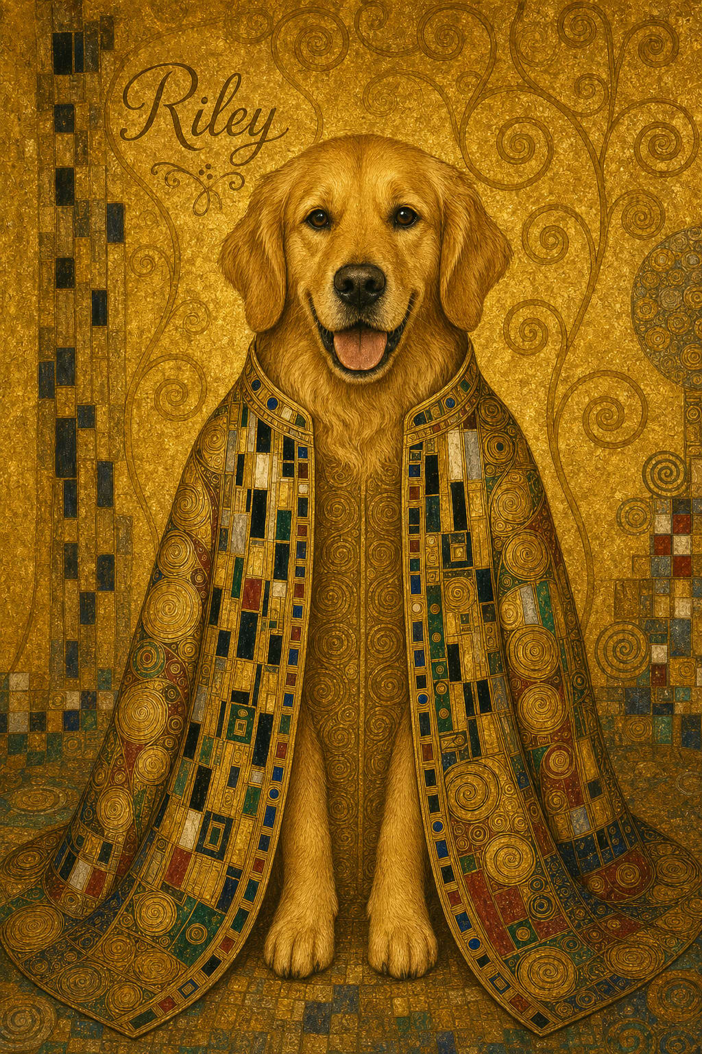 gold pet portrait of a golden retriever in an ornate klimt-inspired robe