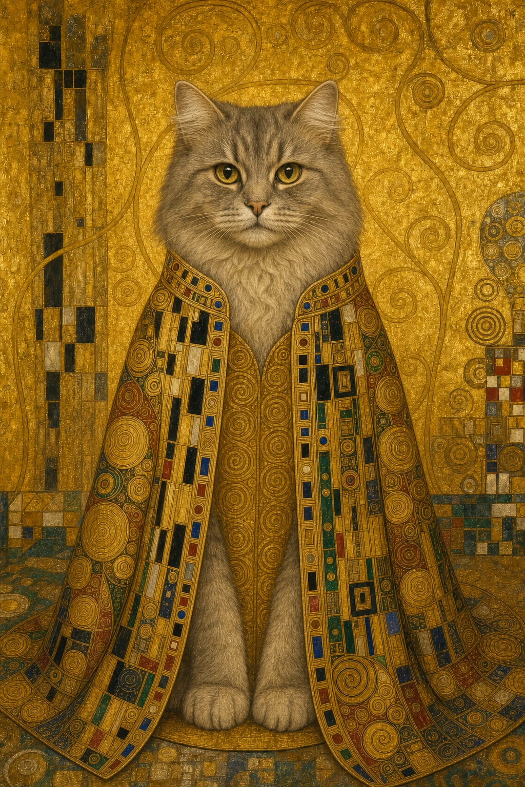 klimt dog portrait of a beagle named Ziggy against a gold-leaf background