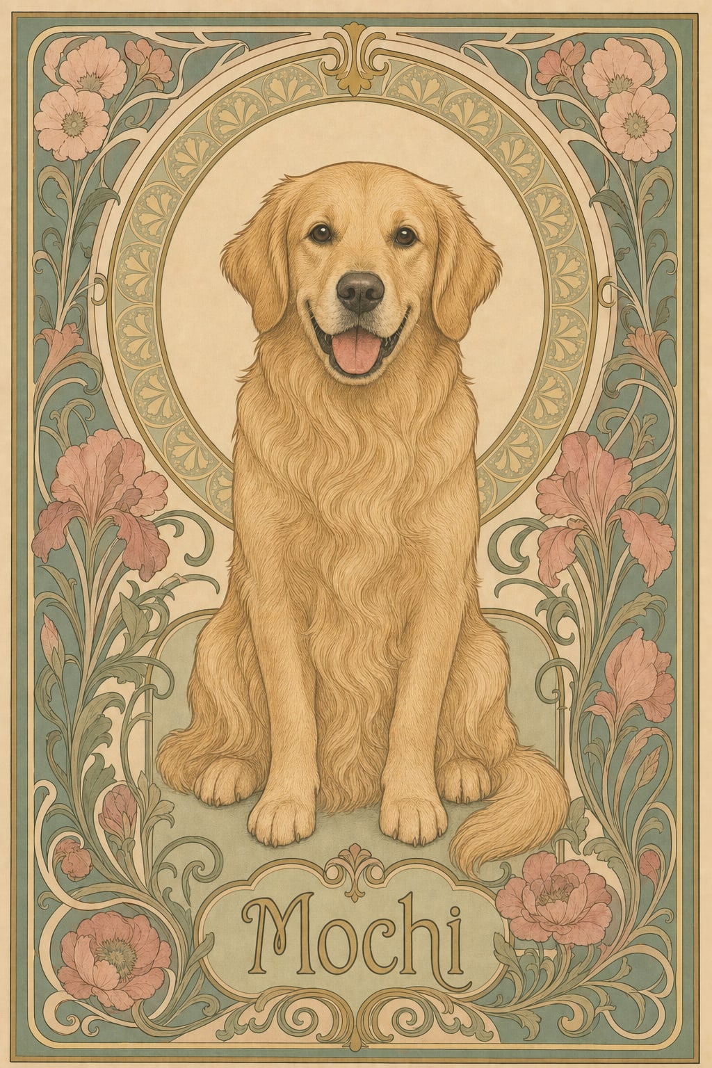 mucha style dog portrait of a golden retriever named Mochi