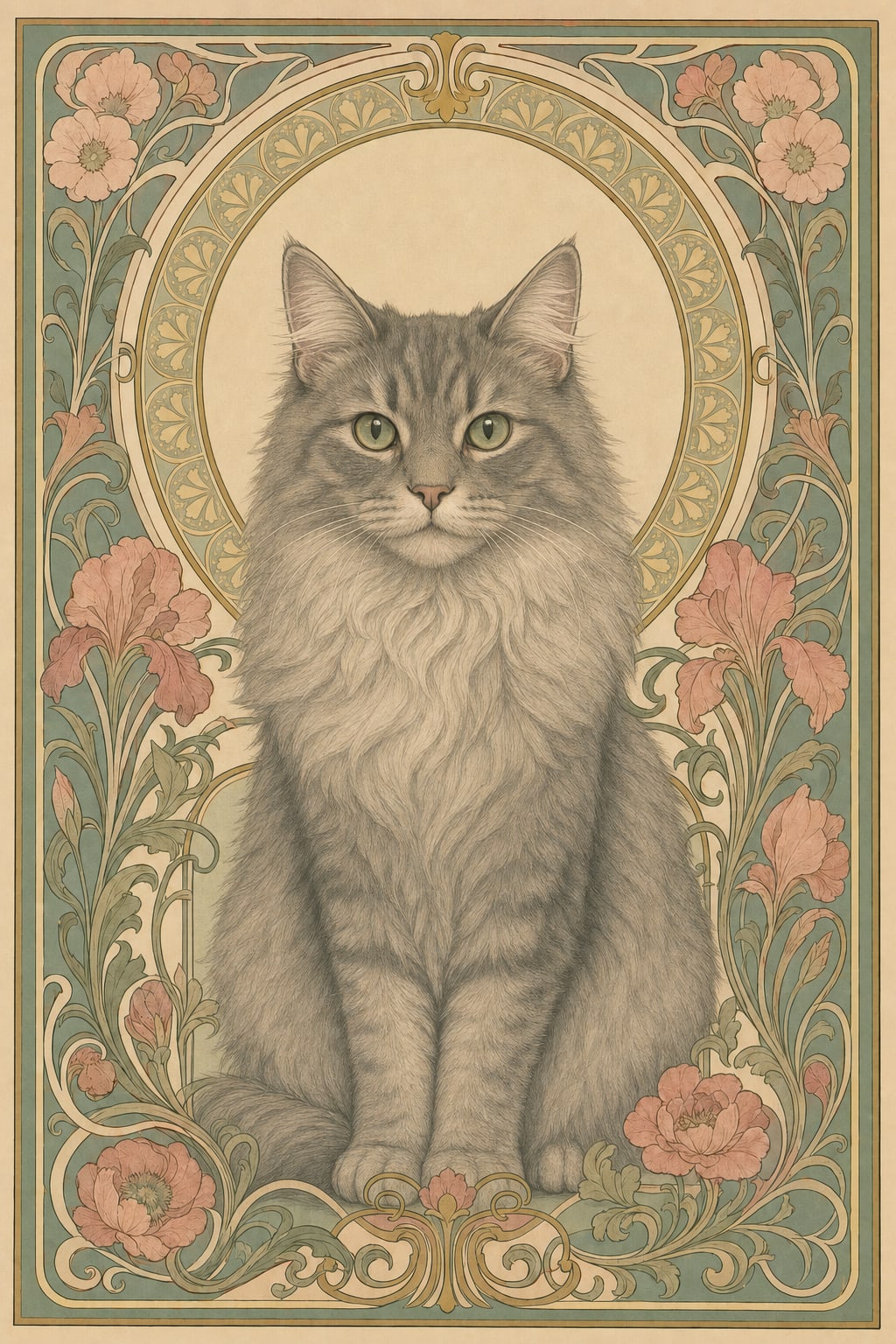 art nouveau cat portrait of a fluffy gray cat in soft pastels