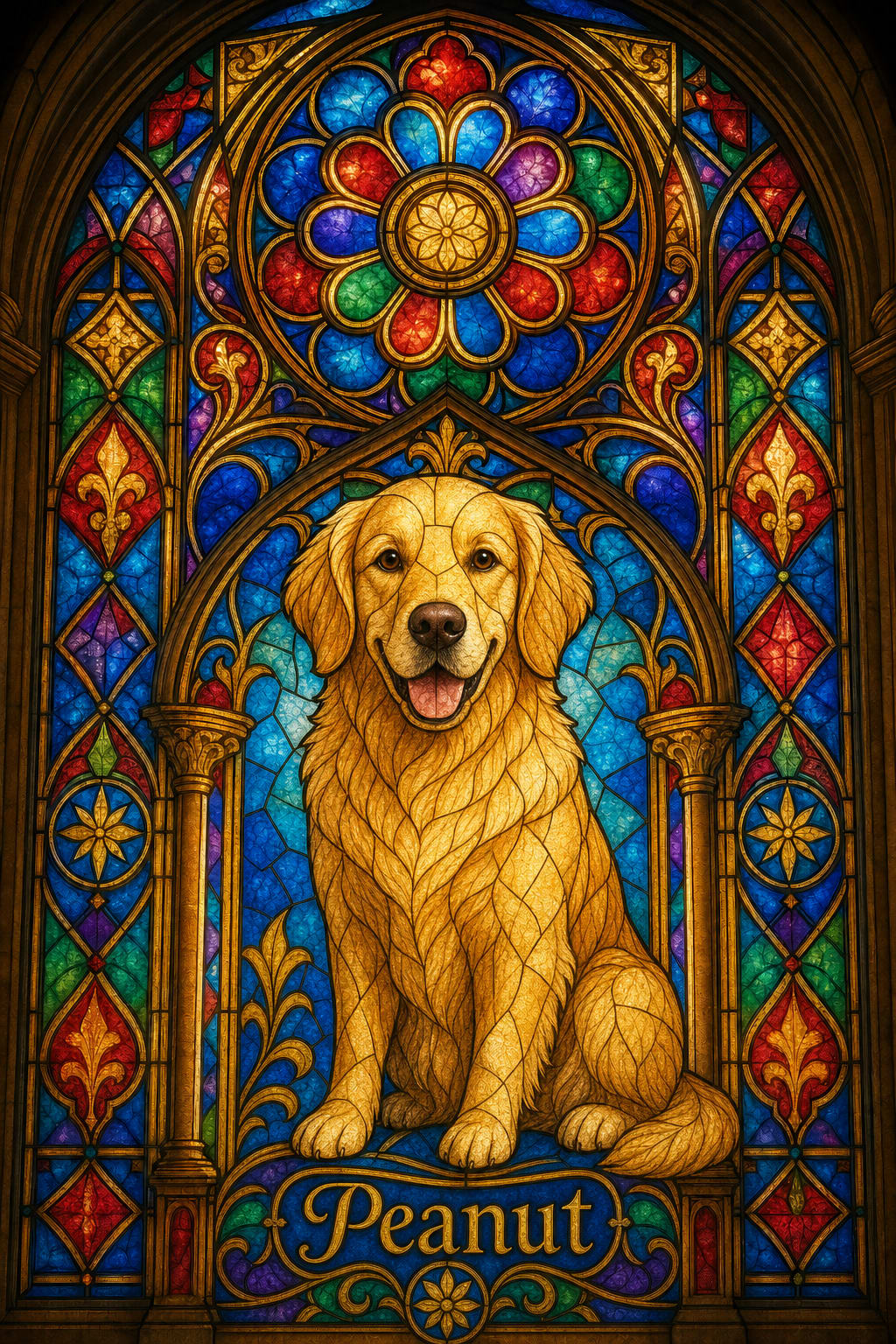 stained glass dog art of a golden retriever named Peanut in jewel tones