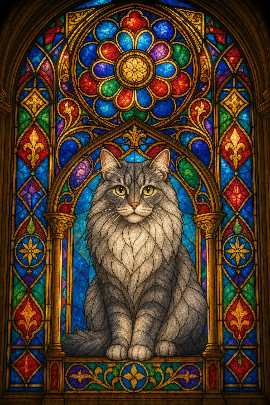 stained glass cat portrait of a gray longhaired cat with rose window