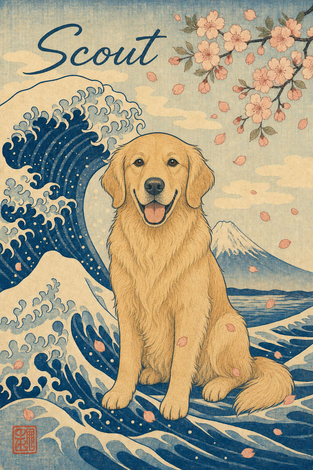 japanese woodblock dog portrait of a golden retriever named Scout