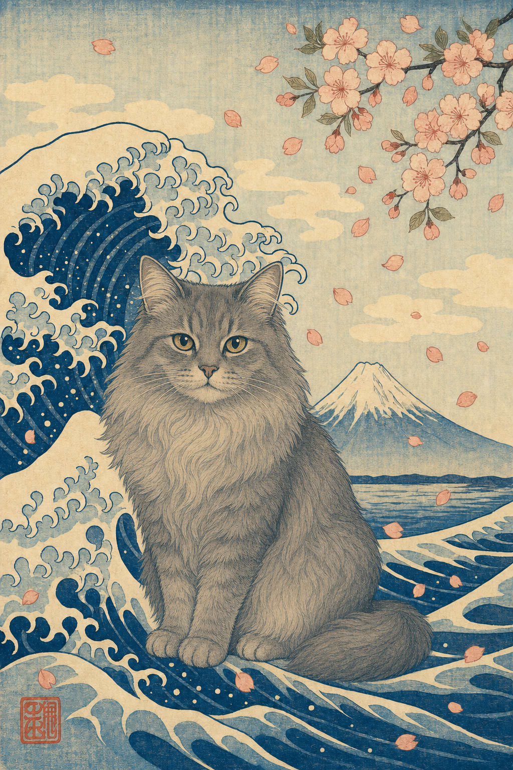 ukiyo-e cat portrait of a gray cat with cherry blossoms and red seal