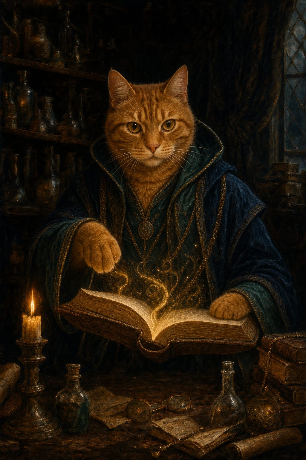 wizard pet portrait of an orange tabby cat with a paw on a glowing spellbook