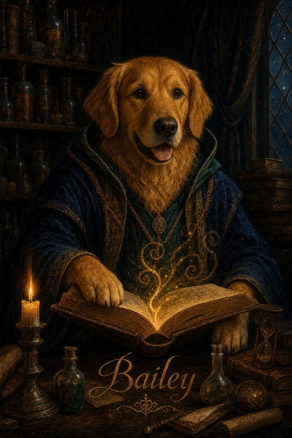 wizard dog portrait of a golden retriever named Bailey in a candlelit study