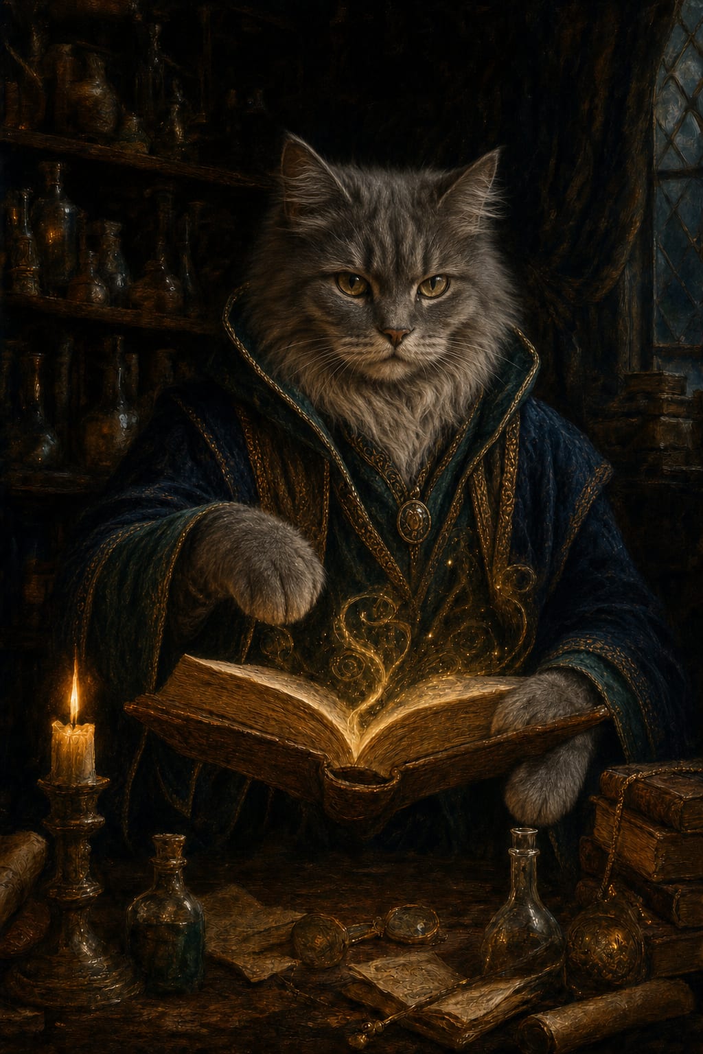 fantasy pet portrait of a beagle in a midnight-blue archmage robe