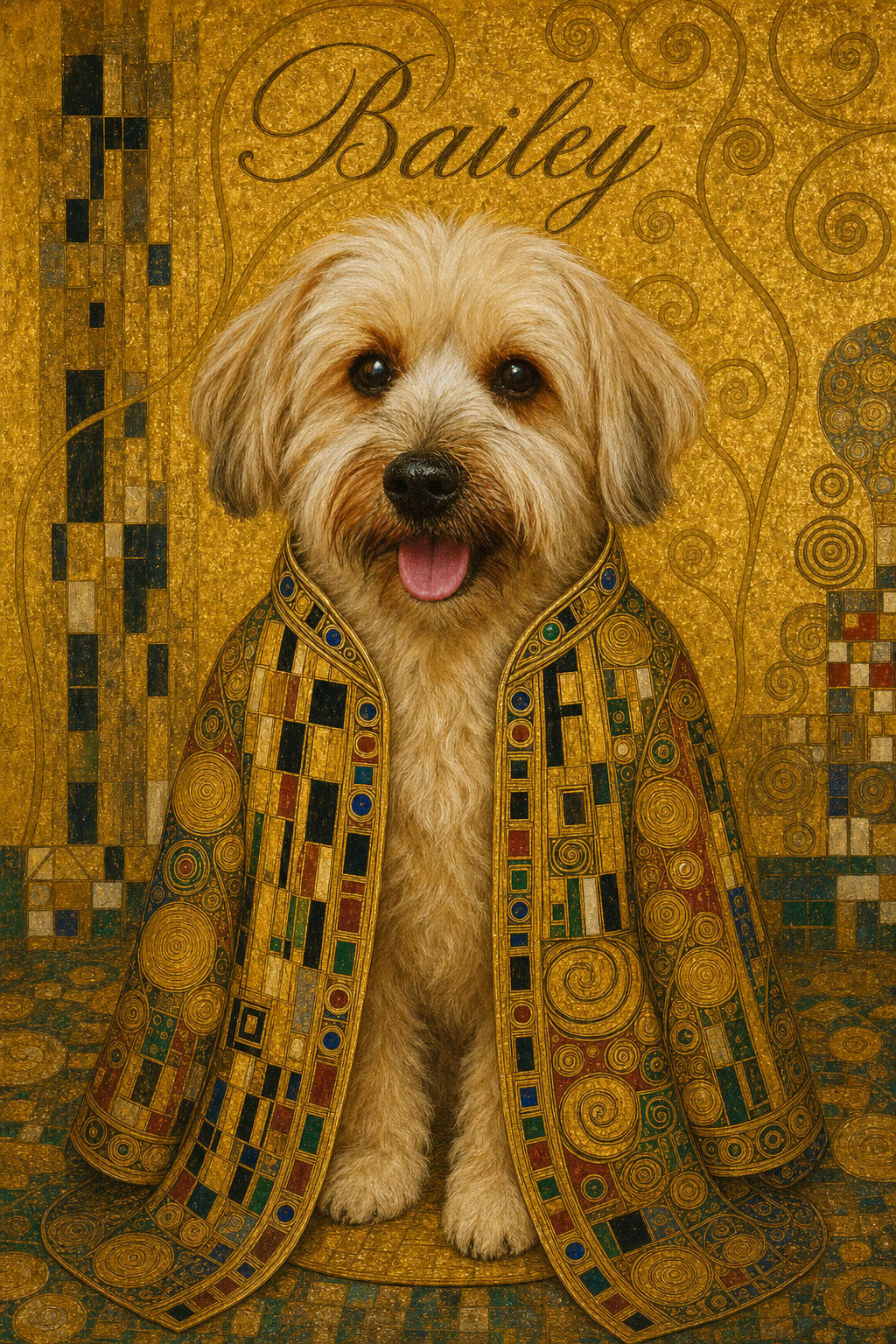 gold pet portrait of a golden retriever in an ornate klimt-inspired robe