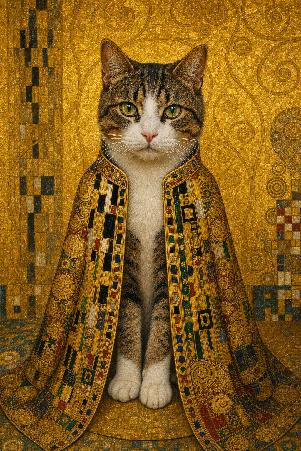klimt dog portrait of a beagle named Ziggy against a gold-leaf background