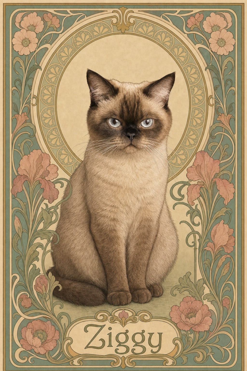 mucha style dog portrait of a golden retriever named Mochi