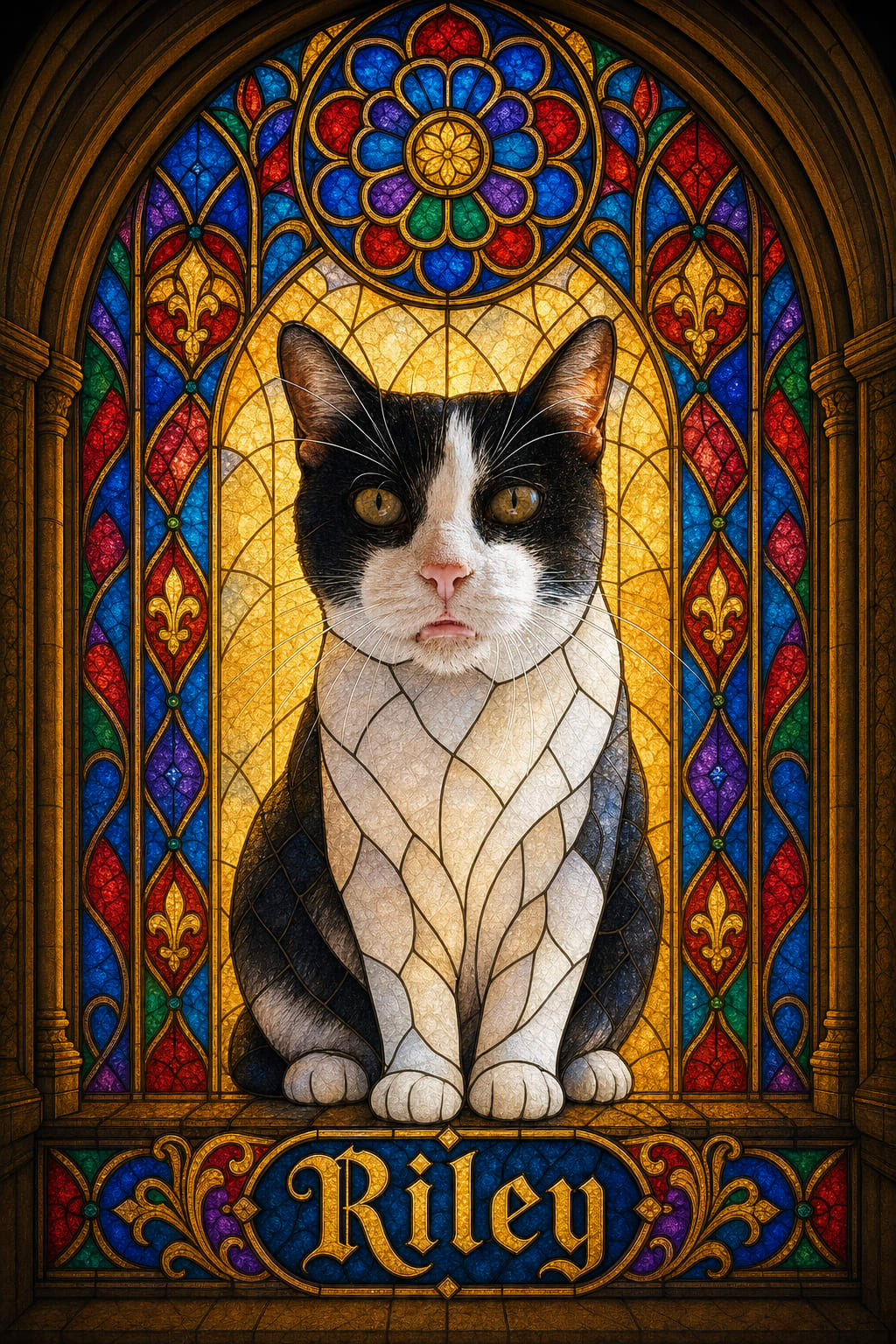stained glass dog art of a golden retriever named Peanut in jewel tones