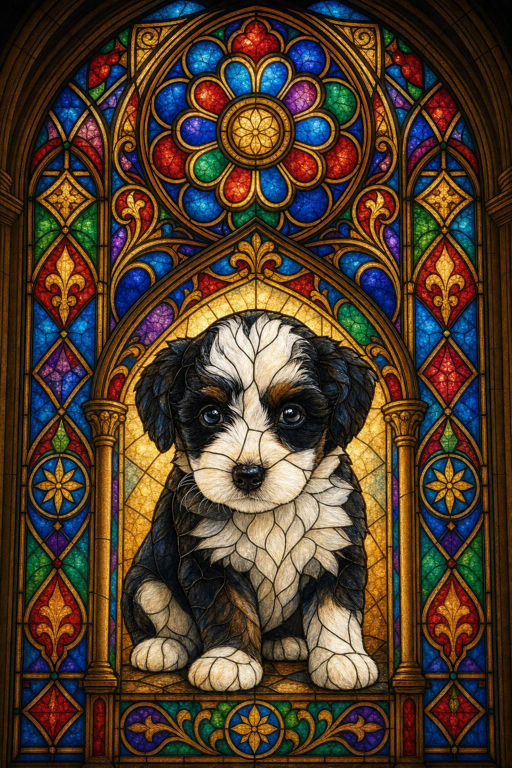 stained glass cat portrait of a gray longhaired cat with rose window