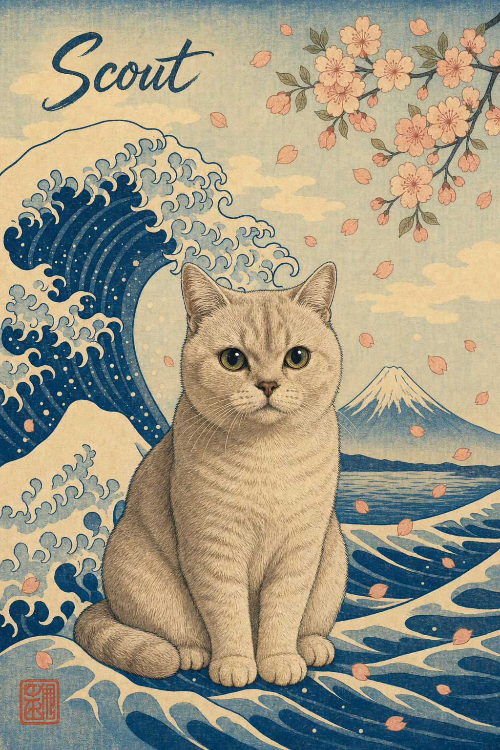 japanese woodblock dog portrait of a golden retriever named Scout