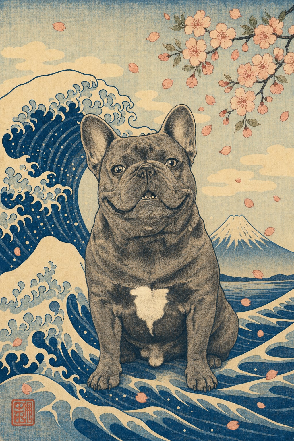 ukiyo-e cat portrait of a gray cat with cherry blossoms and red seal