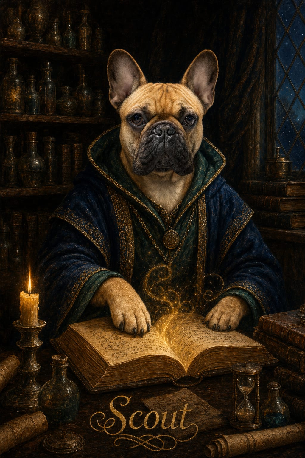 wizard dog portrait of a golden retriever named Bailey in a candlelit study