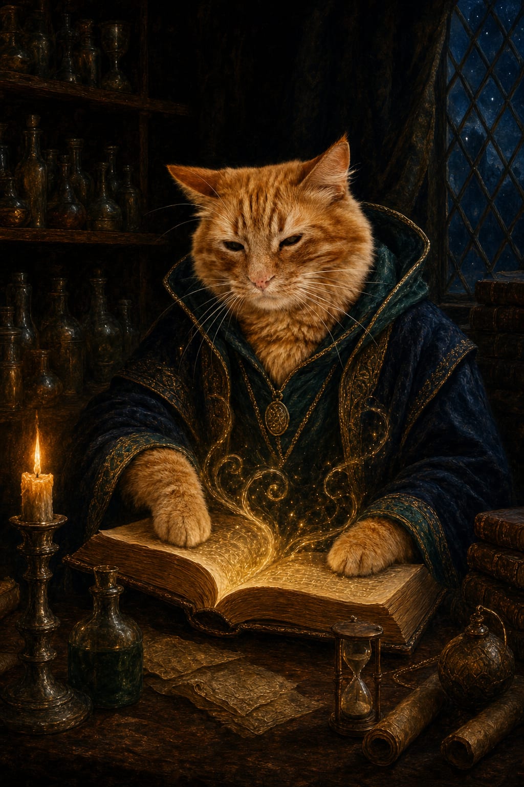 fantasy pet portrait of a beagle in a midnight-blue archmage robe