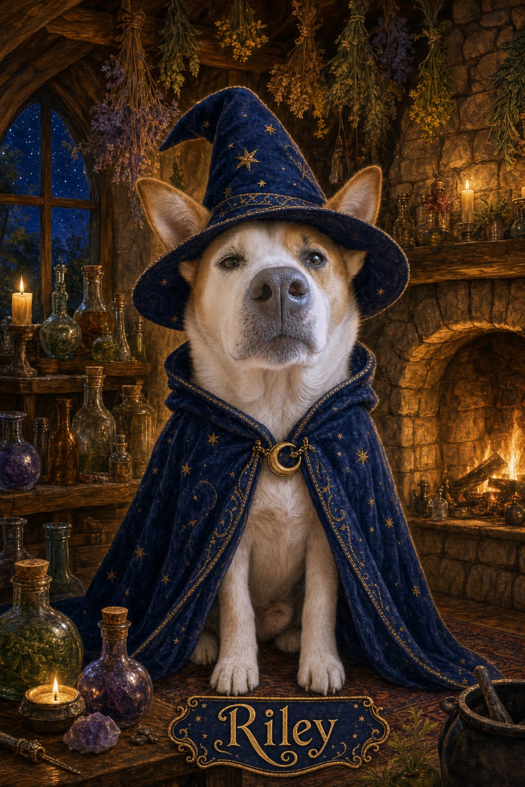 fantasy dog portrait of a golden retriever named Bailey in a wizard cape by the fireplace
