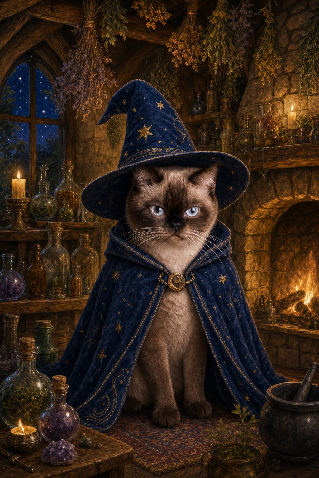 whimsical wizard cat portrait of a gray longhaired cat in a cozy cottage