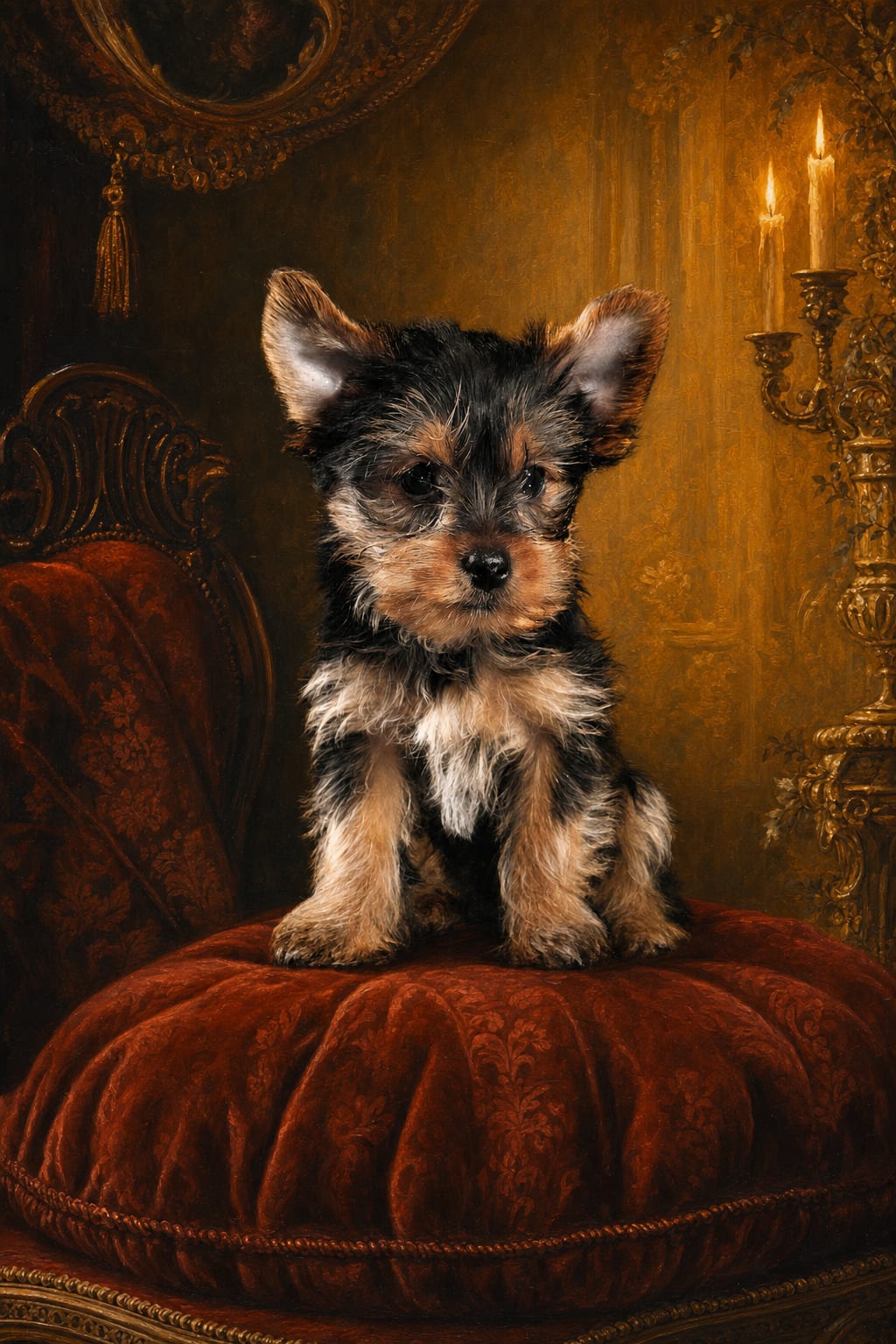 Royal oil painting pet portrait of a dog on a red velvet cushion in a golden baroque interior