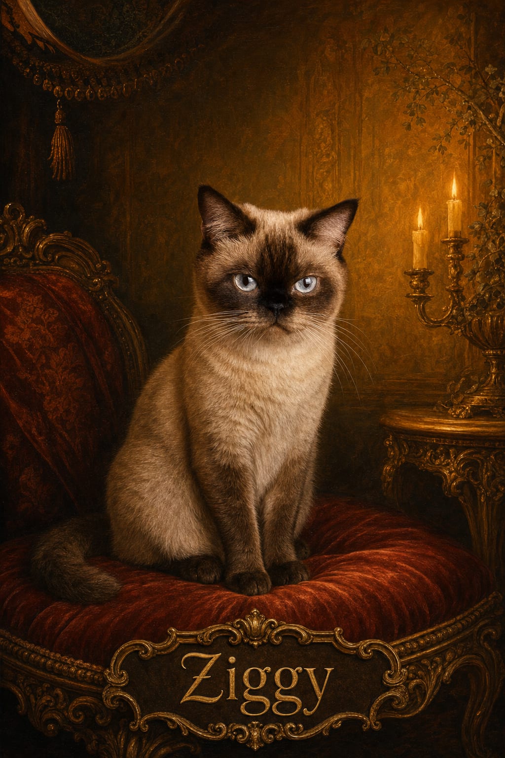 Classical oil-painting pet portrait with a cat lit by warm amber candlelight