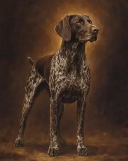 Lot 01 — Sporting Hall — A field dog rendered with a dark ground, lifted by a warm collar of light around the head and shoulders.