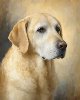 Lot 03 — Memorial Hall — A senior dog, softly lit, composed with restraint. No theatrical sadness. Only recognition.