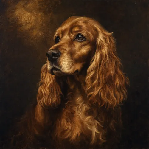 Plate I — a spaniel rendered in the classical oil register, composed for a dark interior wall. Pet Pic Portraits.
