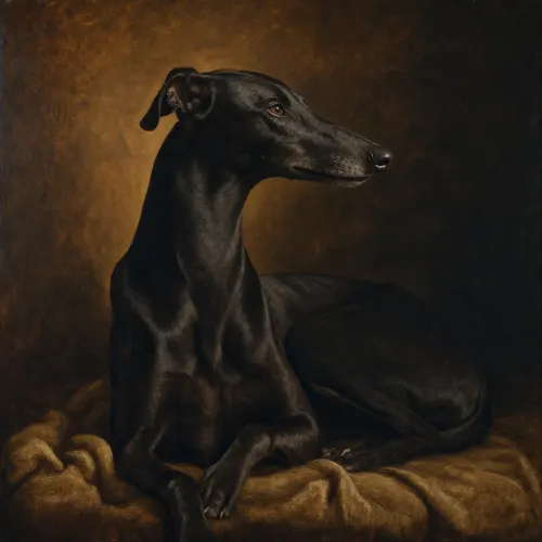 Plate II — a watchful hound in the classical oil register, a study in posture and quiet light. Pet Pic Portraits.