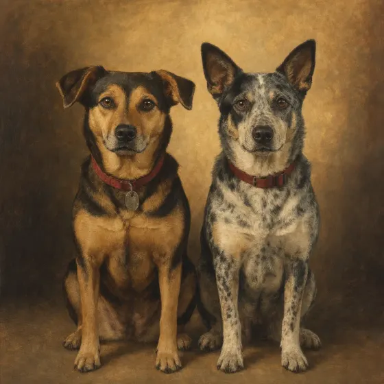 Painting of two dogs in classical oil style — multi-pet family portrait.