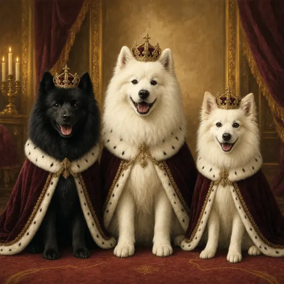 Painting of three dogs in royal family style — multi-pet family portrait.