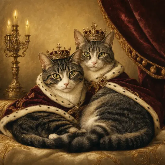 Painting of two cats together in royal family style.
