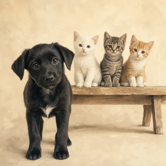 Painting of one dog with two or more cats together in modern style — multi-pet family portrait.