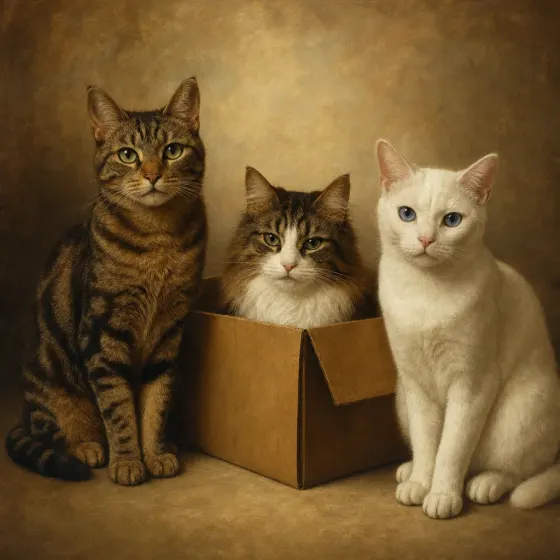Multi-pet group rendered in Classical Oil style.