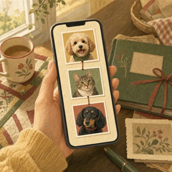A hand holding a phone showing three separate pet photos stitched together — illustration.
