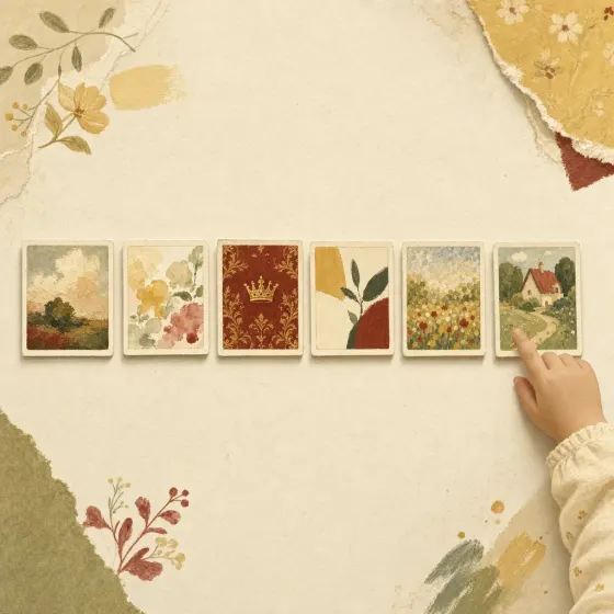 Six small art-style tile thumbnails arranged in a row — illustration.
