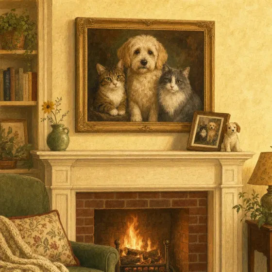 A framed multi-pet family painting hanging above a fireplace mantel — illustration.