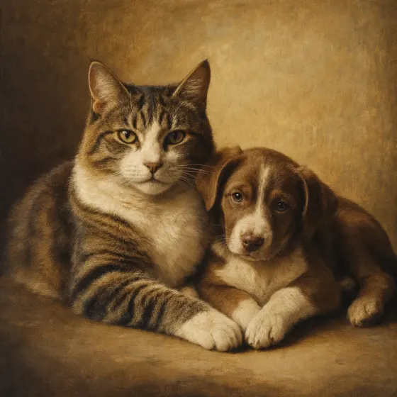 Same multi-pet group in Classical Oil style.