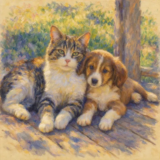 Same multi-pet group in Impressionist style.