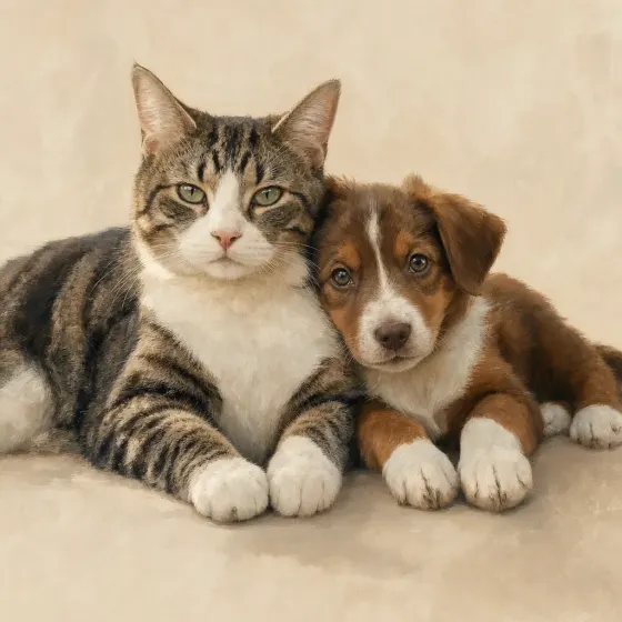 Same multi-pet group in Modern Portrait style.
