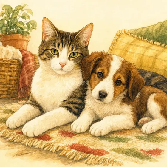 Same multi-pet group in Storybook style.