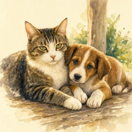 Same multi-pet group in Watercolor style.