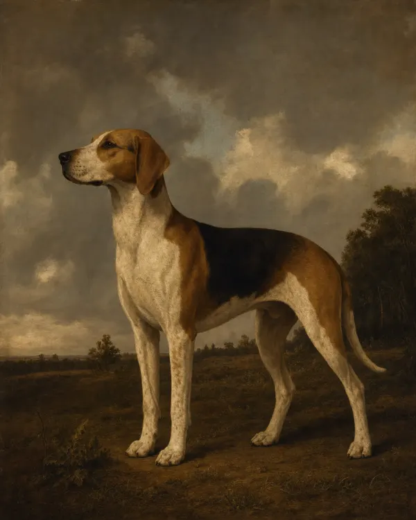 A classical oil dog portrait in the manner of George Stubbs — anatomical precision, dignified pose, dark studio ground
