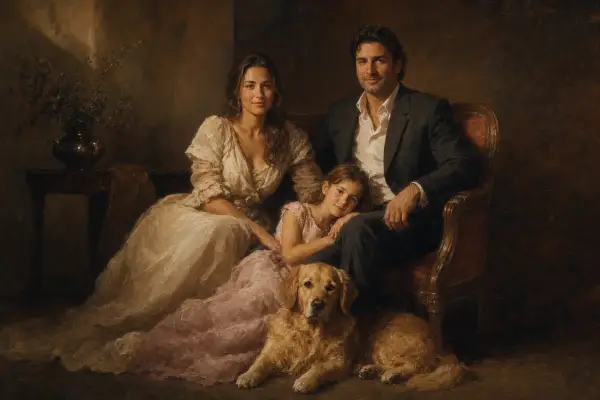 A modern family portrait painting with the family dog placed inside the composition — the dog given the same weight as the people