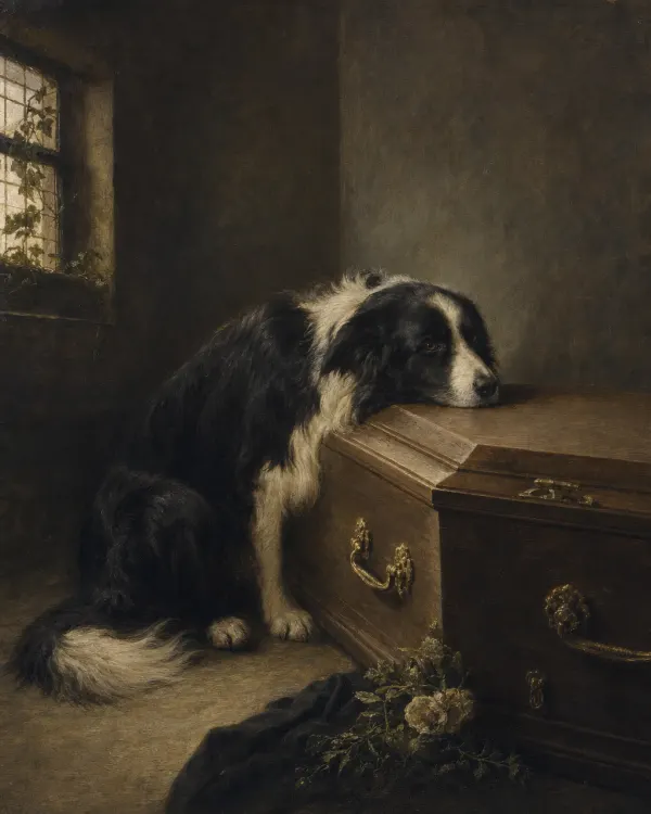 Memorial dog portrait of a senior shepherd dog, softly lit, composed with quiet restraint in the classical oil register